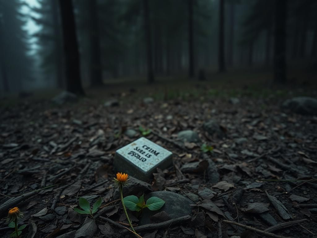 Flick International Somber woodland scene in Colorado with a shallow grave partially concealed by leaves and rocks