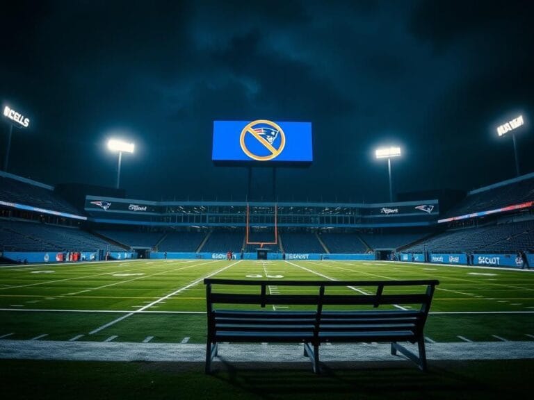Flick International Nighttime scene at a football stadium with illuminated field showing empty stands and a 'No Entry' sign for Patriots scouts