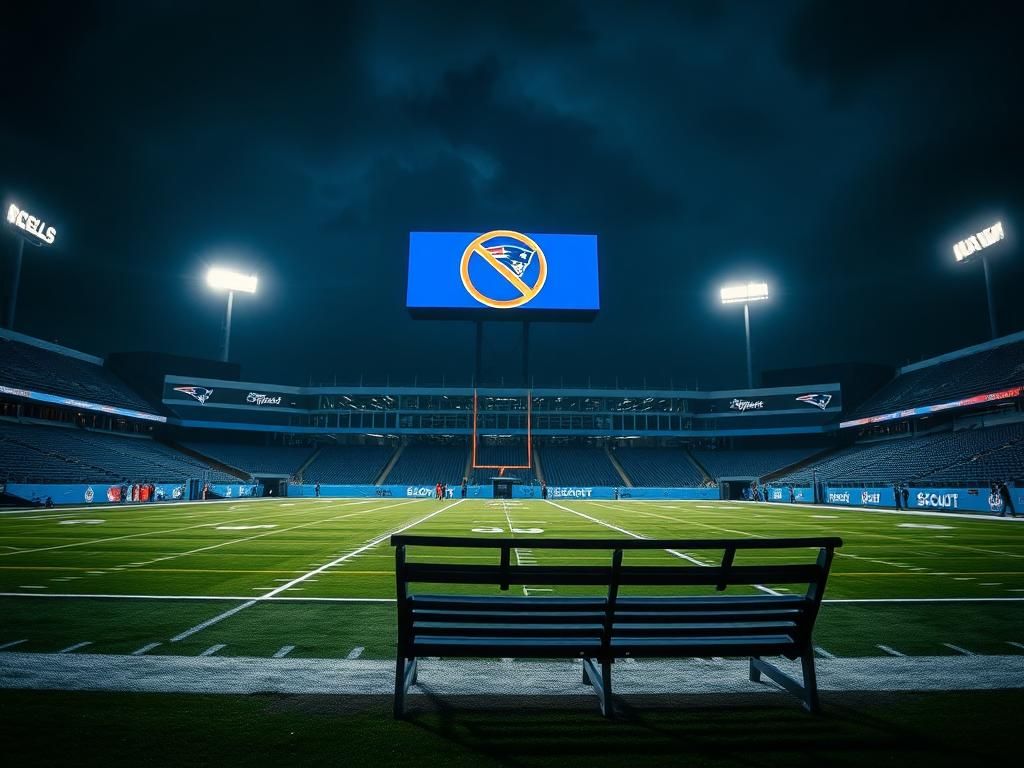 Flick International Nighttime scene at a football stadium with illuminated field showing empty stands and a 'No Entry' sign for Patriots scouts