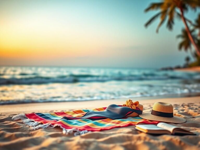 Flick International Vibrant beach towels and a stylish bathing suit laid on the sand at sunset