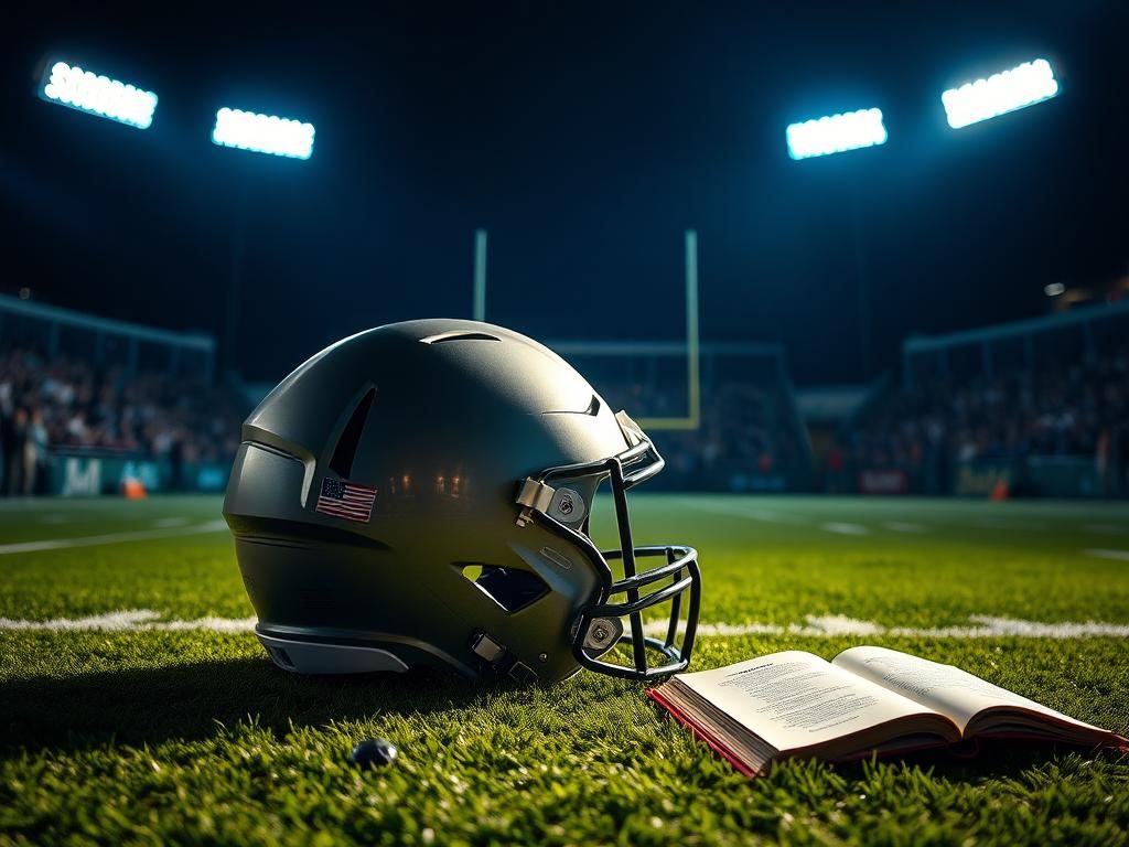 Flick International A modern football helmet on grass with a vibrant stadium atmosphere in the background