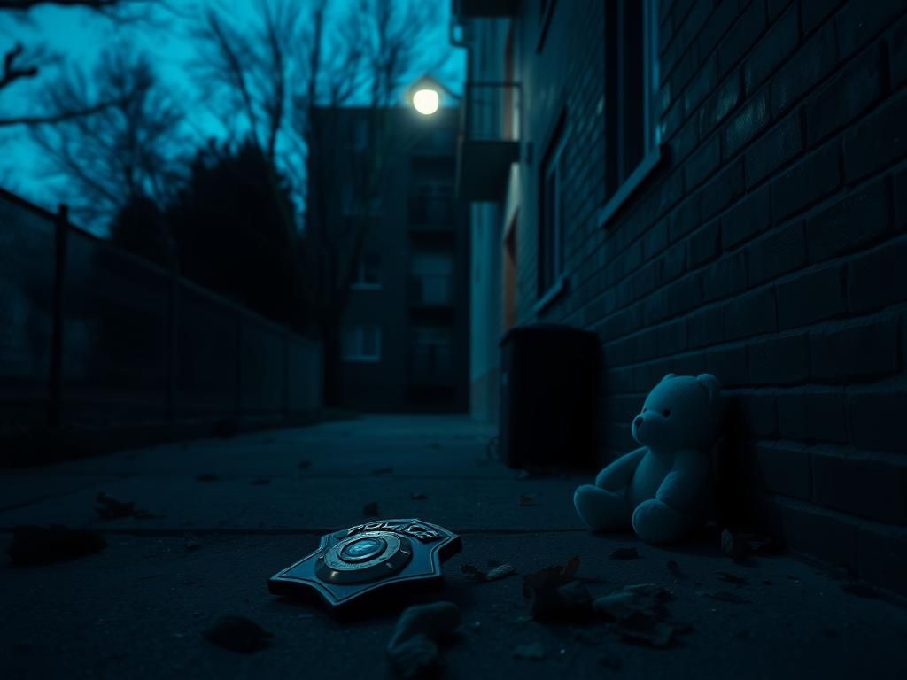 Flick International Dimly lit alleyway with a police badge and a child's toy symbolizing innocence lost.