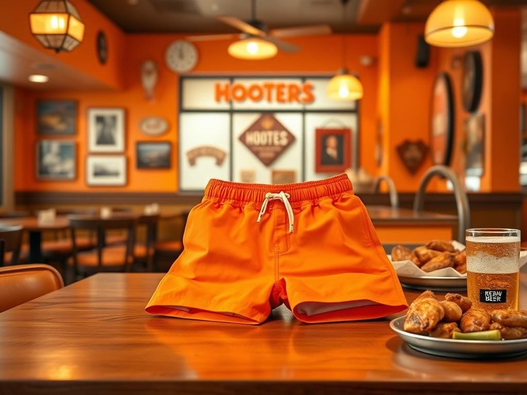 Flick International A cozy Hooters restaurant interior featuring a row of orange athletic shorts on a wooden table