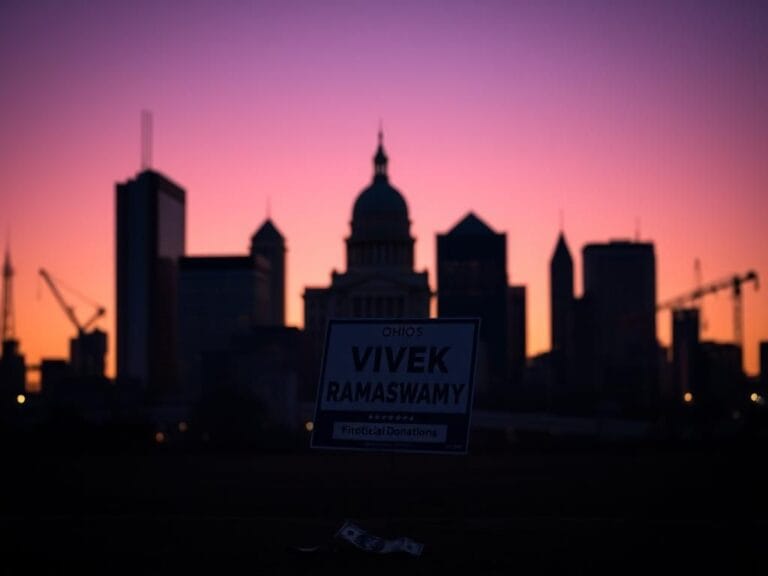 Flick International Dramatic Ohio skyline at twilight with campaign sign and dollar bills