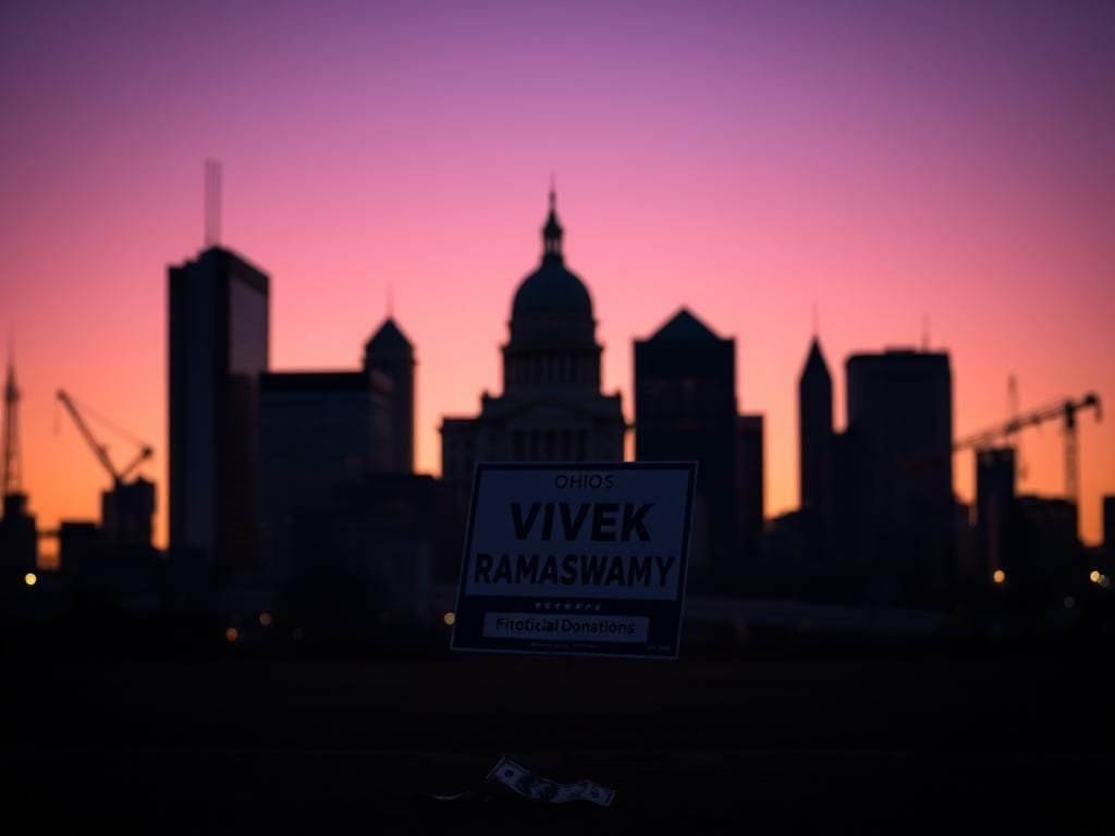 Flick International Dramatic Ohio skyline at twilight with campaign sign and dollar bills
