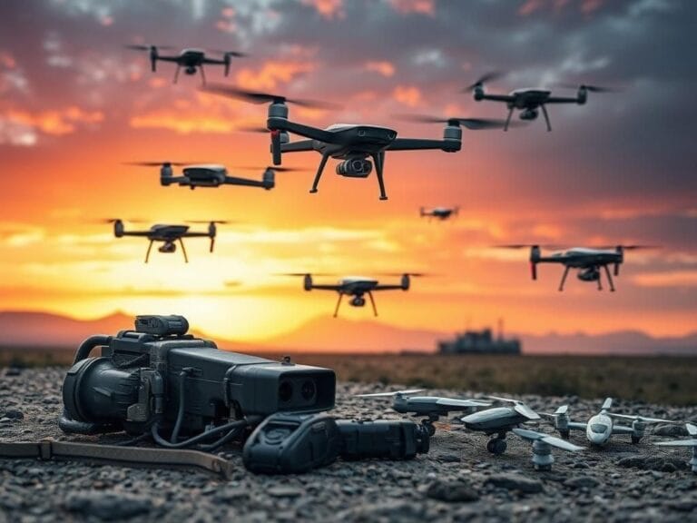 Flick International A dynamic battlefield landscape featuring military drones and advanced gear.