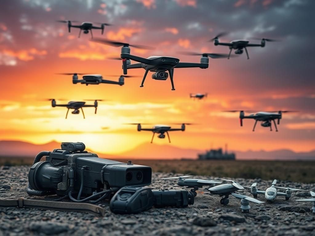 Flick International A dynamic battlefield landscape featuring military drones and advanced gear.