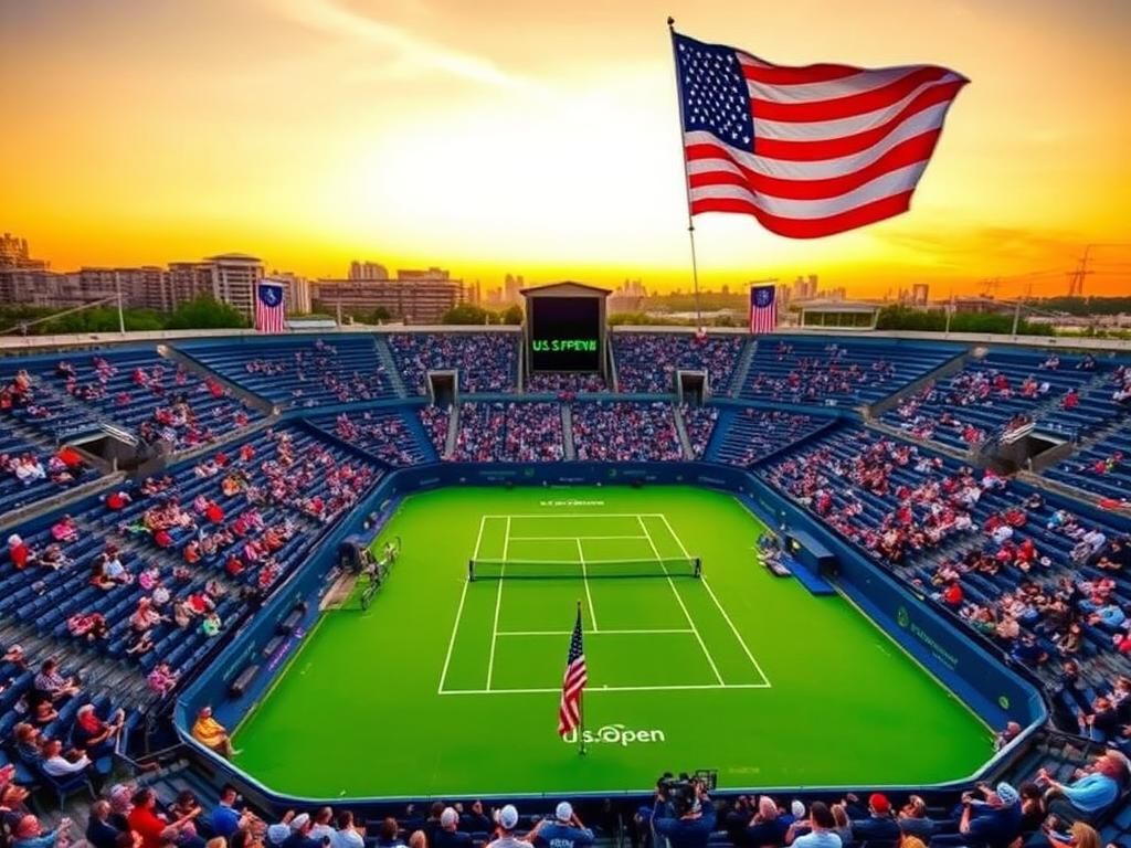 Flick International Aerial view of the U.S. Open men’s singles final tennis court at Flushing Meadows, with a full stadium and American flag in the foreground.