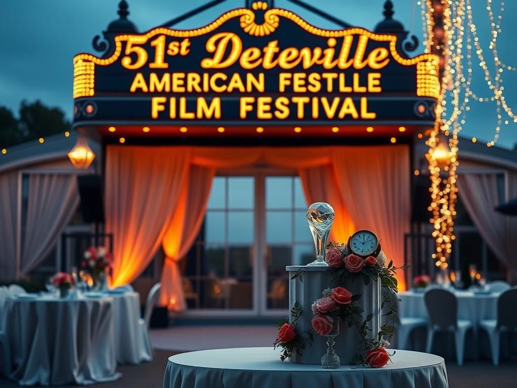 Flick International Elegant setting at the 51st Deauville American Film Festival with vintage marquee and floral podium.