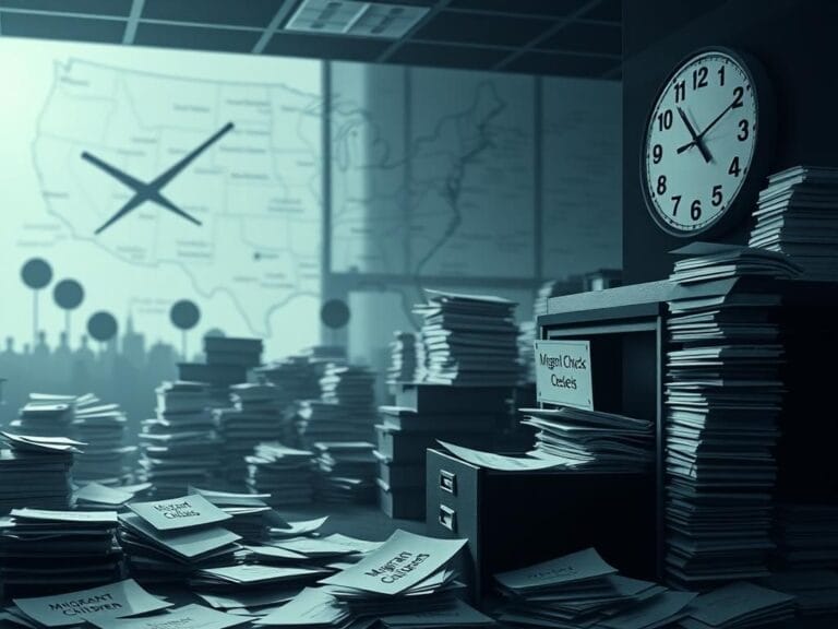 Flick International Chaotic office environment filled with paperwork representing overwhelmed immigration system