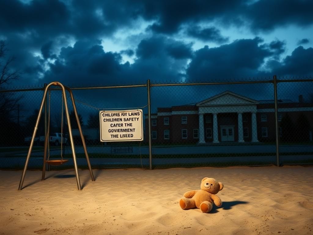 Flick International Empty children's playground at dusk with worn equipment and a single teddy bear left behind