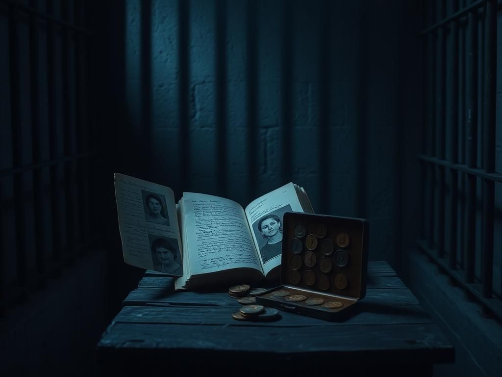 Flick International Dimly lit prison cell showing a notebook and photographs, representing lost identities of victims