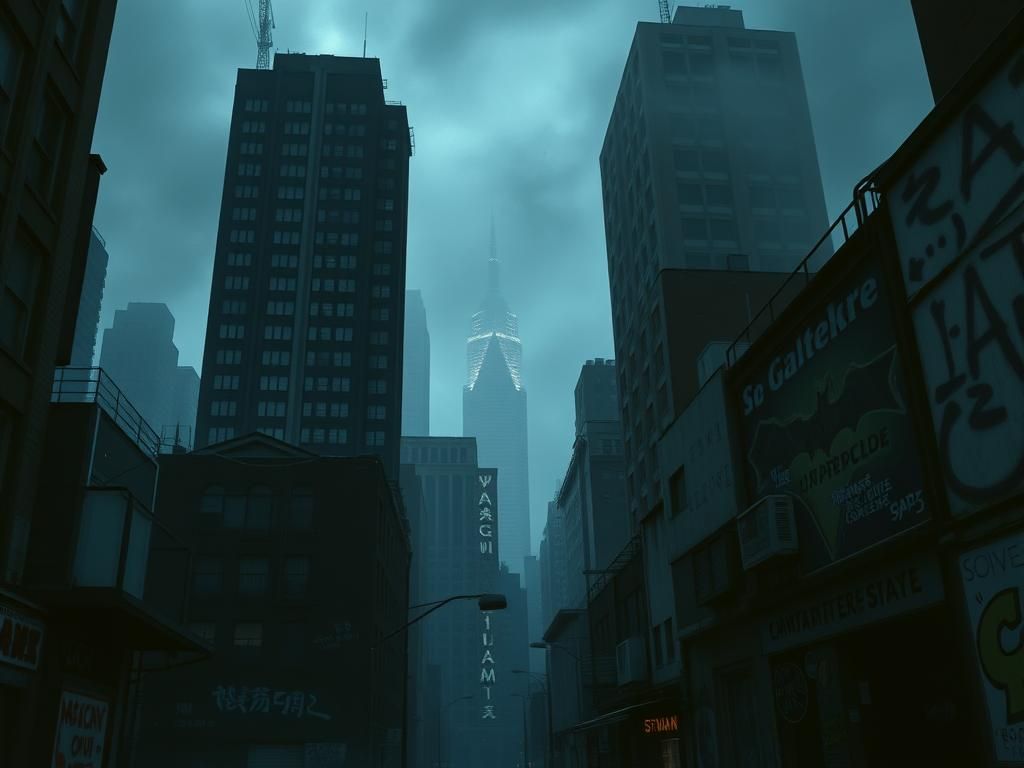 Flick International Moody depiction of Gotham City showcasing a blend of modern and decaying architecture