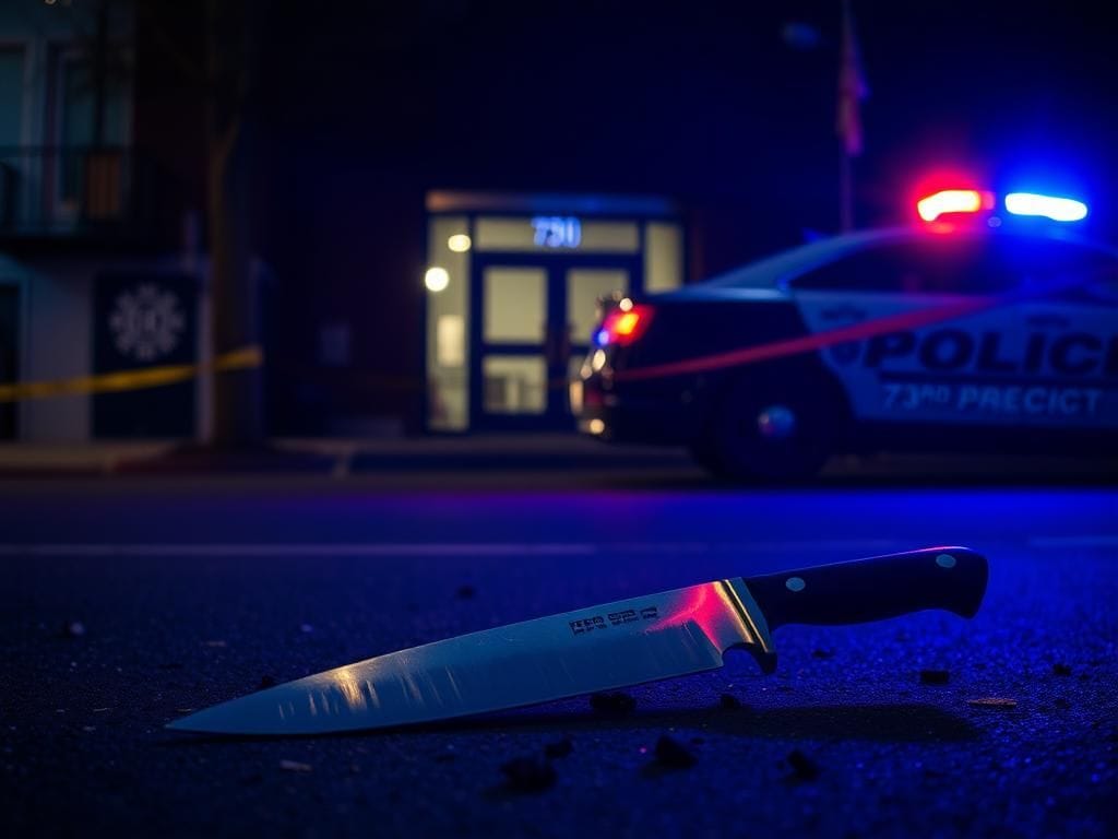 Flick International Dark scene outside a police precinct in Brooklyn with a butcher knife on the ground