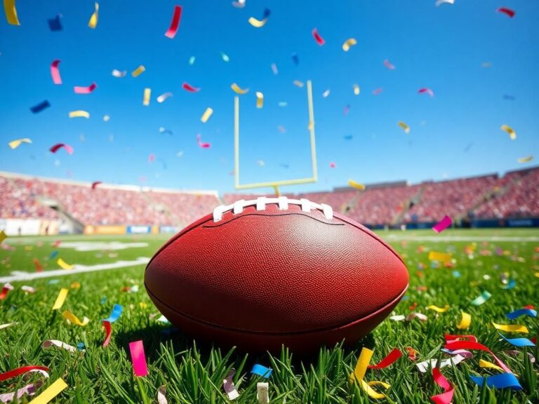 Flick International Colorful confetti and a football on a vibrant football field after a touchdown celebration