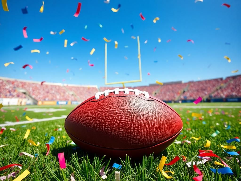 Flick International Colorful confetti and a football on a vibrant football field after a touchdown celebration