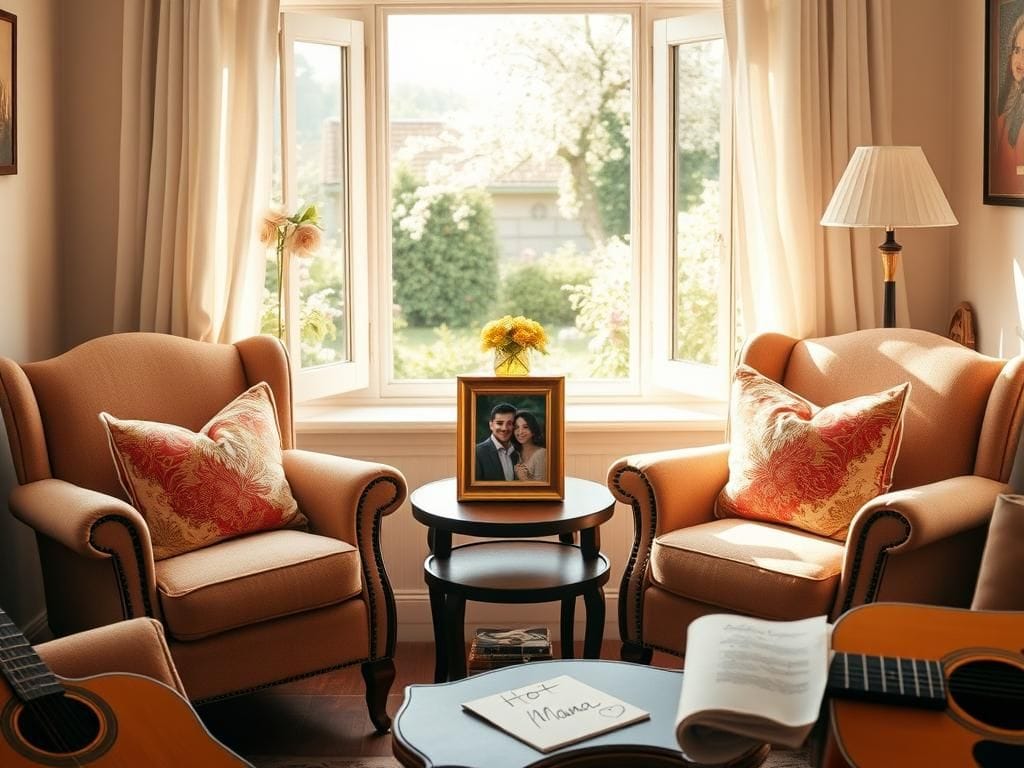 Flick International Cozy living room showcasing vintage armchairs and a framed photo symbolizing lasting love