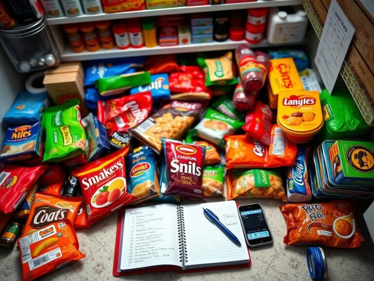 Flick International Overhead shot of a cluttered kitchen countertop filled with ultra-processed food packages and an open food diary
