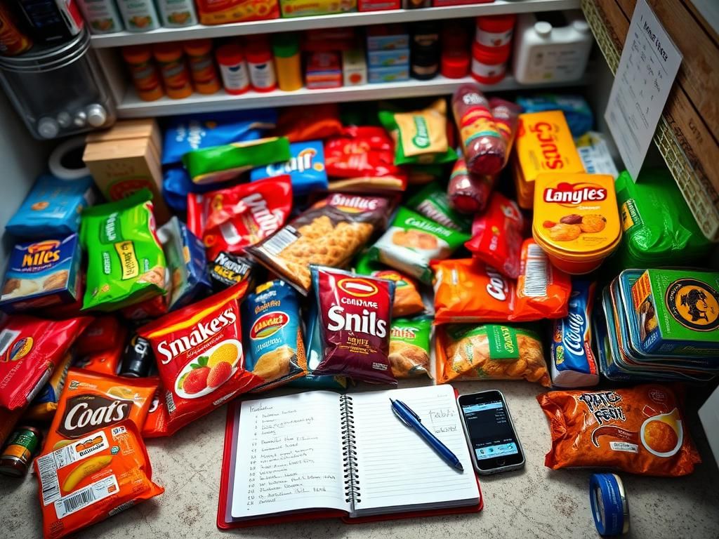 Flick International Overhead shot of a cluttered kitchen countertop filled with ultra-processed food packages and an open food diary