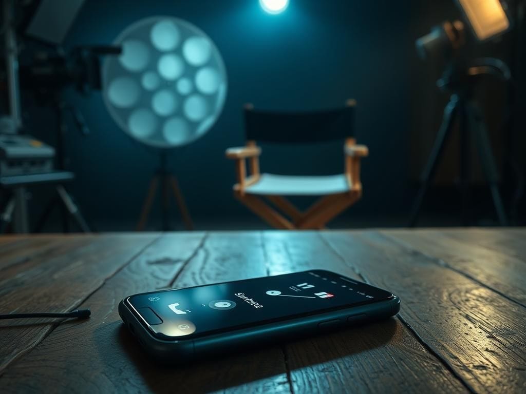 Flick International A close-up of a high-end smartphone on a weathered wooden table with a Sinatra-themed ringtone displayed, capturing a tense film set atmosphere