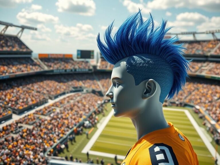 Flick International vibrant football stadium scene with commentator's booth during game day featuring JJ Watt's new hairstyle