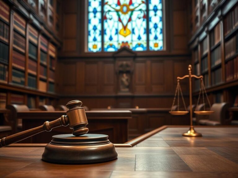 Flick International A courtroom scene with a wooden bench and gavel, symbolizing justice