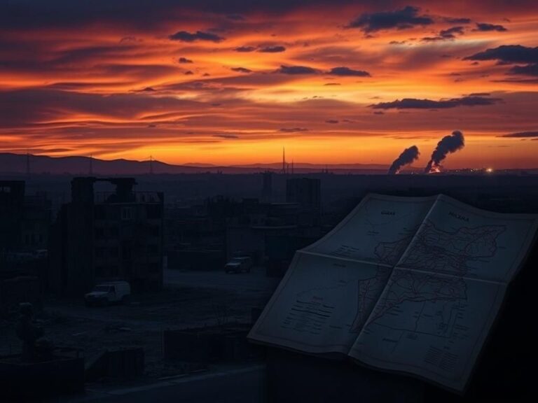 Flick International Dramatic landscape of Gaza City at dusk showcasing conflict devastation
