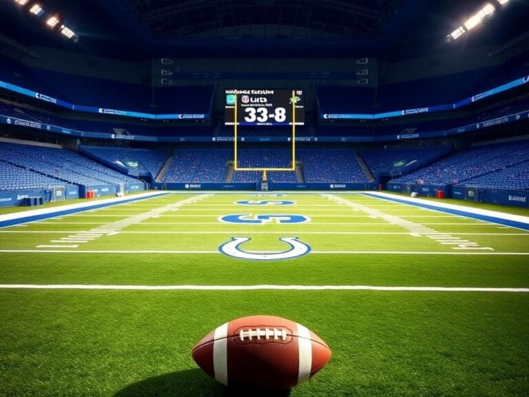 Flick International Empty football field at Lucas Oil Stadium with Colts logo and goalposts