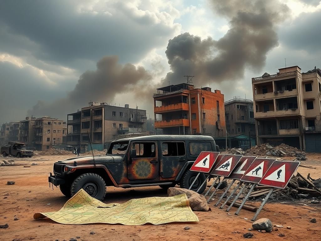 Flick International A desolate urban landscape showing conflict aftermath with a destroyed military vehicle and dusty buildings.