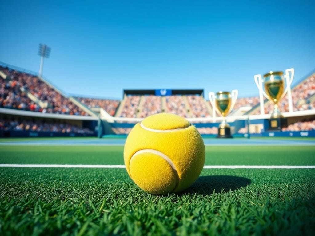 Flick International Tennis court at the U.S. Open with a tennis ball in focus and Arthur Ashe Stadium in the background
