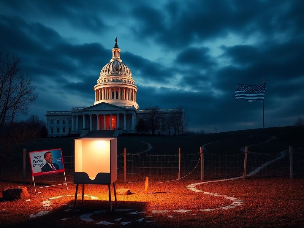 Flick International A vibrant political landscape with New Jersey and Virginia state capitols and an empty voting booth illuminated by warm light