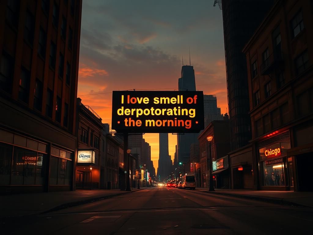 Flick International A dramatic urban landscape in Chicago at dawn, featuring a deserted street and a provocative billboard about deportations