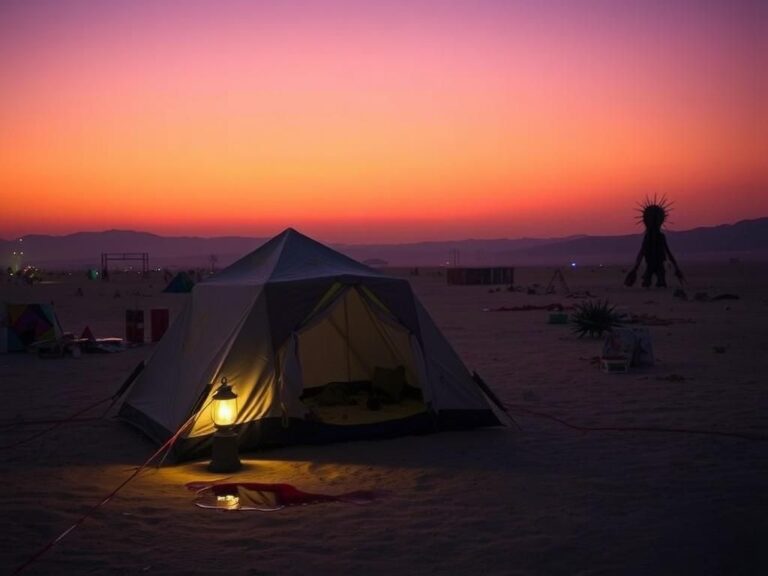 Flick International A somber scene at Burning Man with a lone tent and flickering lantern under a twilight sky