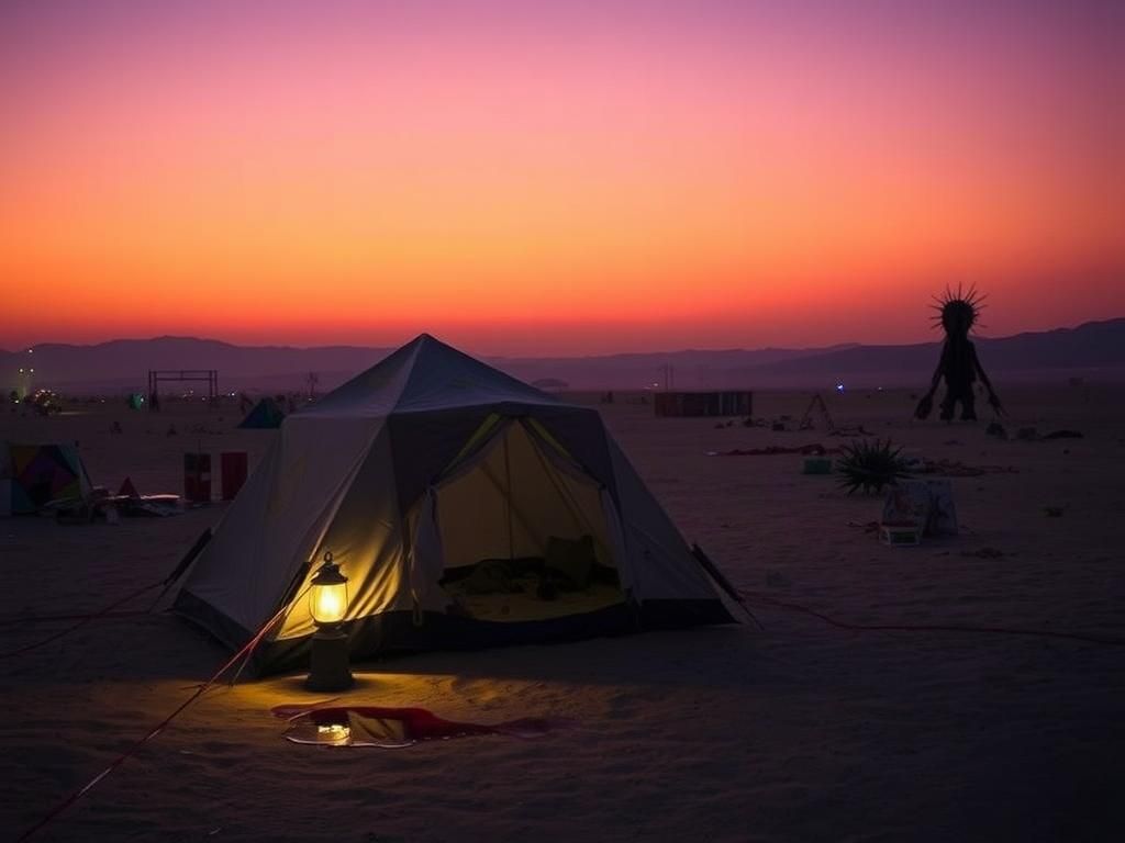 Flick International A somber scene at Burning Man with a lone tent and flickering lantern under a twilight sky