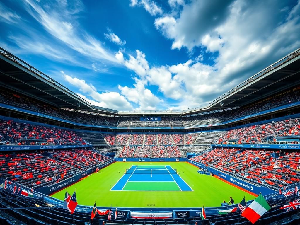 Flick International Vibrant scene of the U.S. Open with colorful stadium seats and the iconic Arthur Ashe Stadium