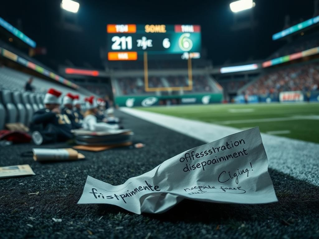 Flick International Tense football scene showcasing an empty, dimly lit sideline with discarded playbooks and a scoreboard showing 21-6.