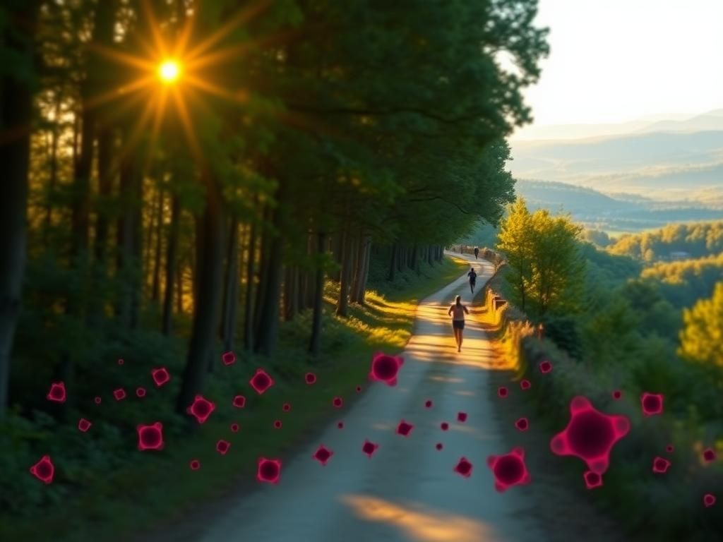 Flick International An abstract representation of a winding trail in a dense green forest with ghostly silhouettes of marathon runners.