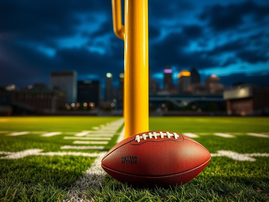 Flick International Close-up of a football field goal post at dusk with a blurred Pittsburgh skyline