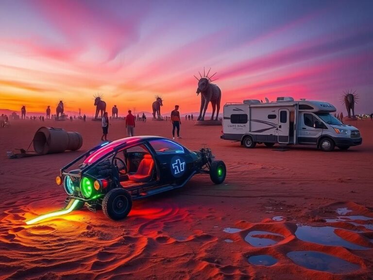 Flick International Surreal desert landscape at Burning Man festival with vibrant art installations and an abandoned Tesla Cybertruck sculpture