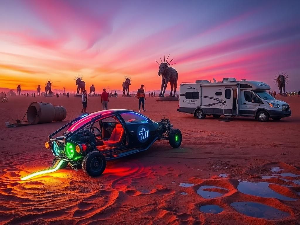 Flick International Surreal desert landscape at Burning Man festival with vibrant art installations and an abandoned Tesla Cybertruck sculpture