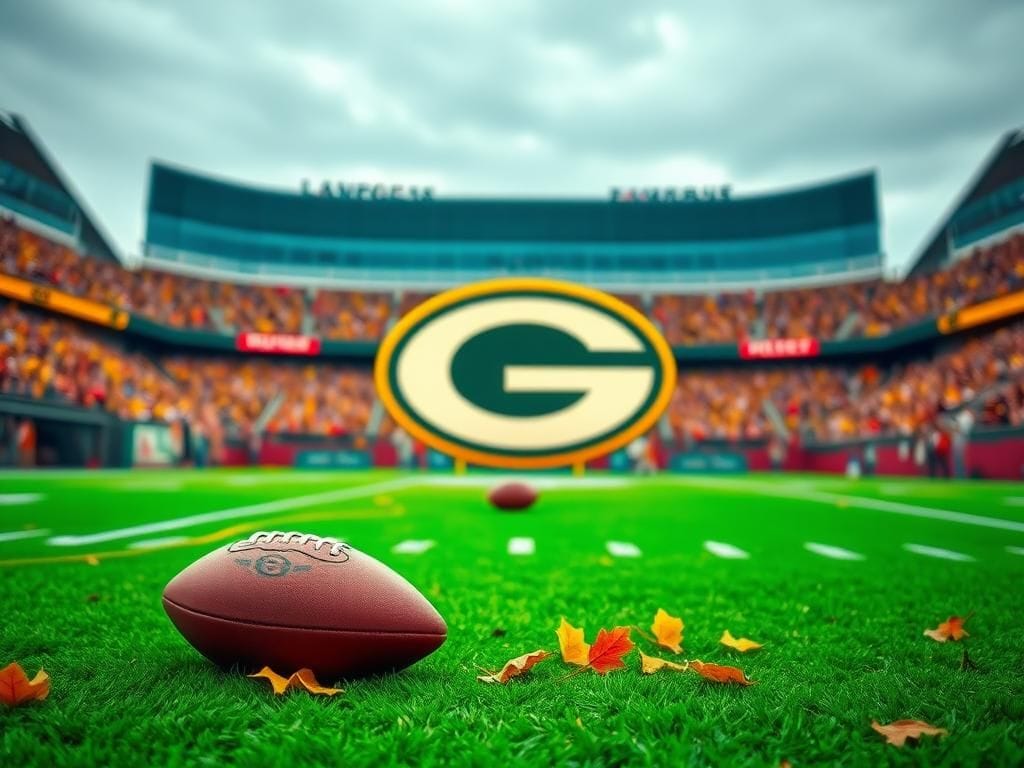 Flick International Micah Parsons celebrating his first sack with the Green Bay Packers on a vibrant football field with Lambeau Field in the background