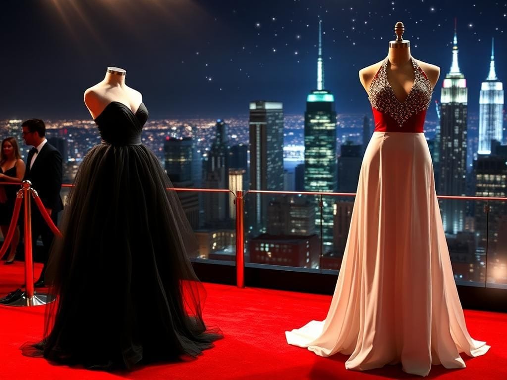Flick International Glamorous red carpet scene featuring a black tulle gown and crimson Valentino dress at the MTV VMAs