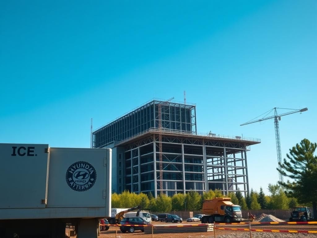 Flick International Construction of a Hyundai battery plant in Georgia with industrial machinery and an ICE badge