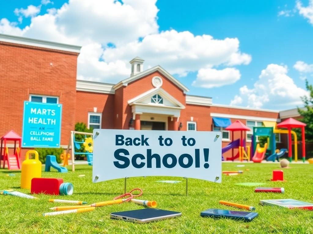 Flick International Playground scene filled with colorful equipment and school supplies, sign reading 'Back to School!'