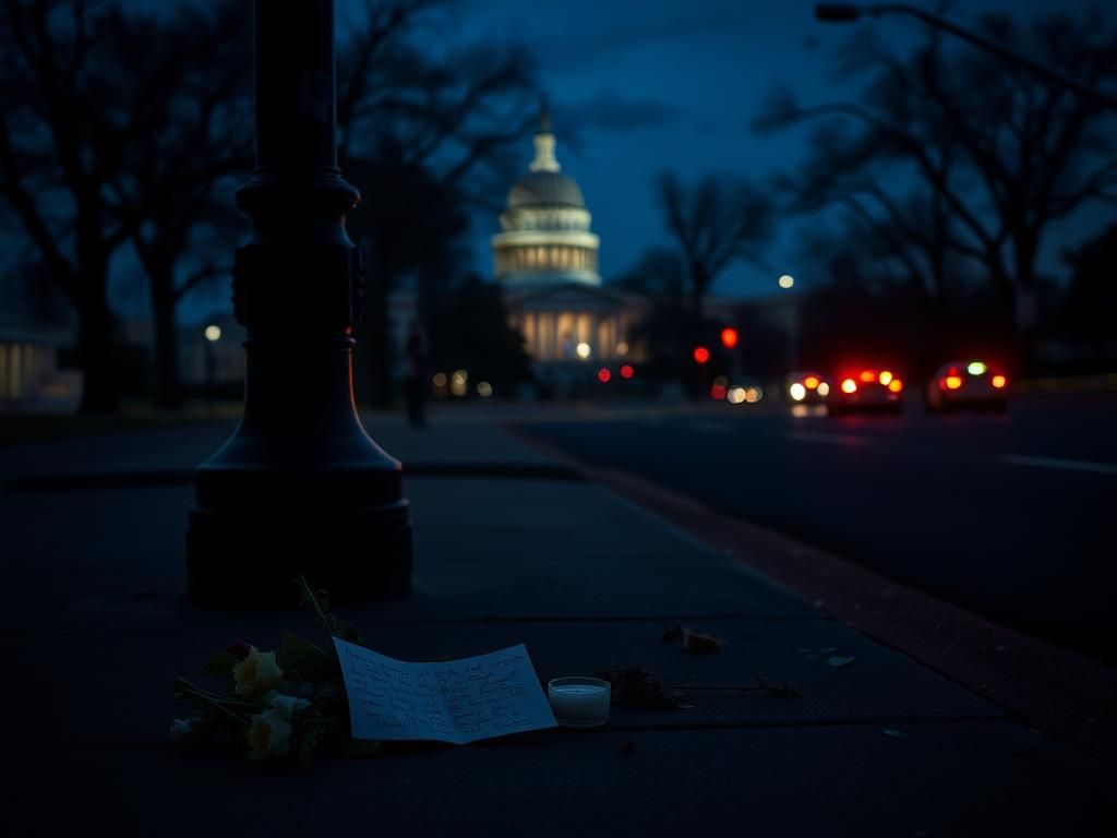 Flick International somber urban scene at dusk near the White House with memorial remnants for Eric Tarpinian-Jachym