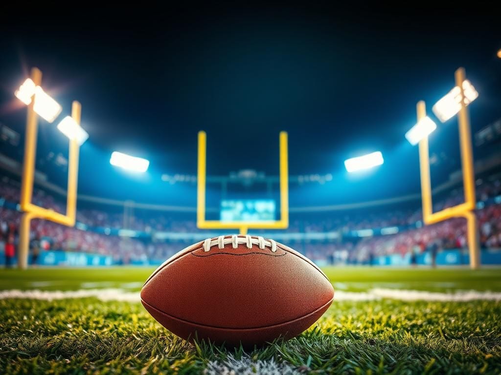 Flick International Close-up of a football on the field with illuminated goalposts in the background