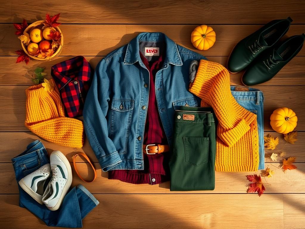 Flick International Flat lay of fall fashion items including a denim jacket, sweater, and Levi's jeans on a rustic wooden surface