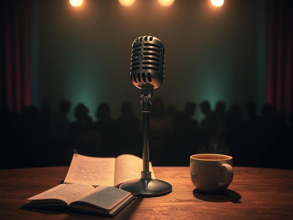 Flick International Vintage microphone on a dimly lit comedy stage representing Nate Bargatze's storytelling in comedy