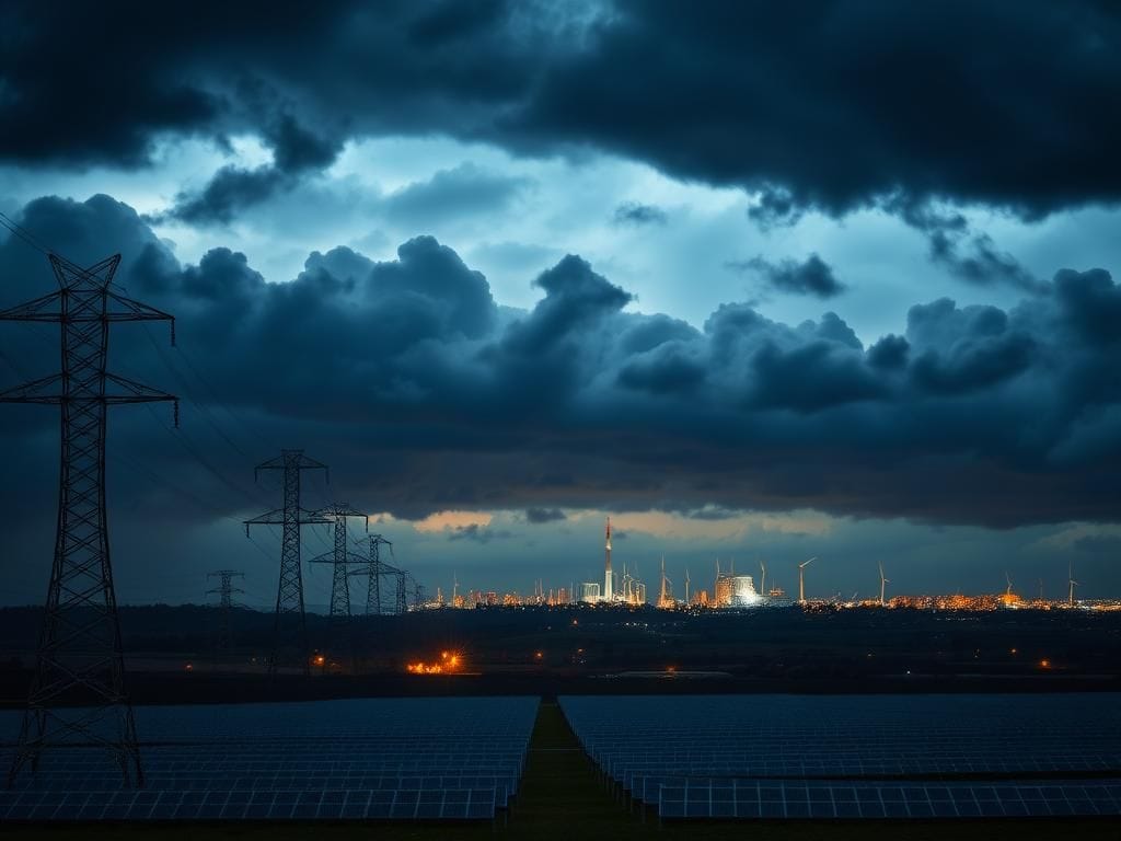 Flick International A dramatic landscape featuring towering electricity pylons and solar panels under a stormy sky, symbolizing rising energy prices.