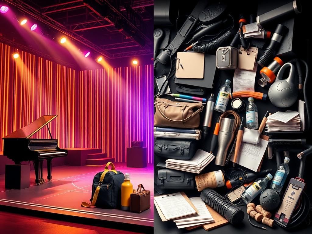 Flick International Split composition illustrating the contrast between glamorous celebrity success and the everyday struggles of entertainment workers.